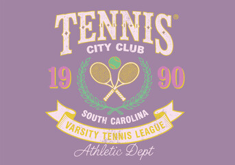 Tennis graphics in vintage retro vibes. summer women's sports graphics. tennis varsity league sports slogan typography. perfect for tee t-shirt, sweatshirt, and others.