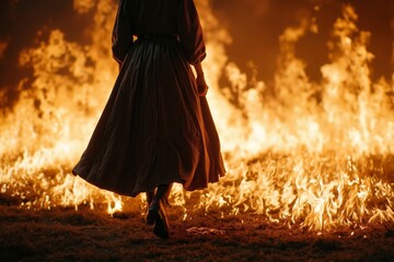 A woman in a long dress walking in front of a fire