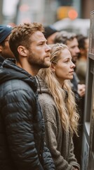 A man and a woman standing next to each other in front of a bus stop