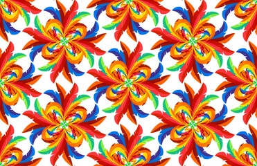 Seamless Repeating Feather Mandala Pattern with Bright Tropical Colors for Textile, Wallpaper, Wrapping Paper, and Surface Design