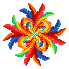 Colorful Abstract Feather Mandala with Radial Symmetry, Vibrant Tropical Colors, Decorative Floral Shape for Modern Design and Branding