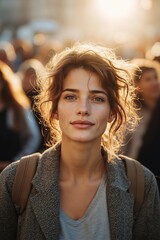 A woman with curly hair standing in front of a crowd of people