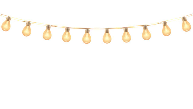 String of warm glowing edison style light bulbs hanging on a wire, isolated on transparent background