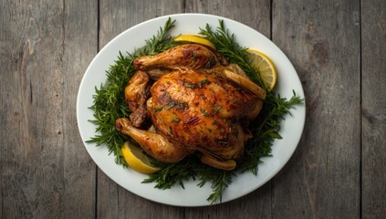 Lemon and herb seasoned rotisserie chicken served on a plate, focusing on cooking techniques, food presentation, World Food Day