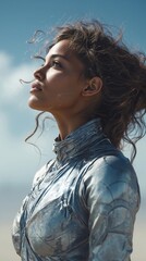 A woman in a silver dress standing on a beach