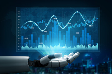 A digital representation of financial data is showcased by a robotic hand, highlighting trends and metrics in a modern business landscape. Scalp