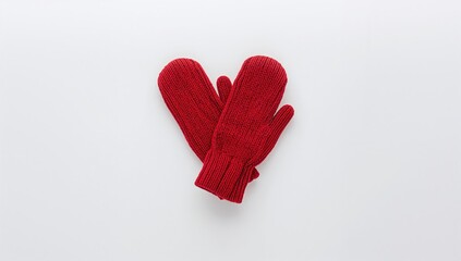 Pair of red mittens with knitted texture, intended for winter warmth, top view, on a plain background