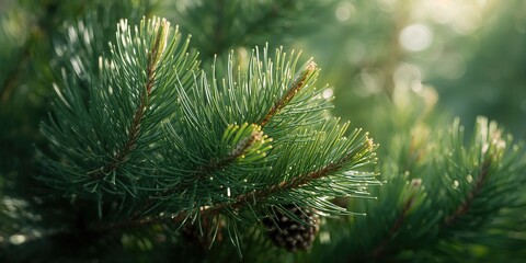Detailed view of pine branches highlighting needle textures for holiday decor, seasonal change