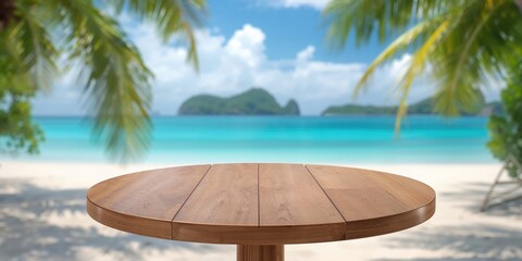 Obraz premium Round wooden table set against tropical sea landscape used as a background for product display