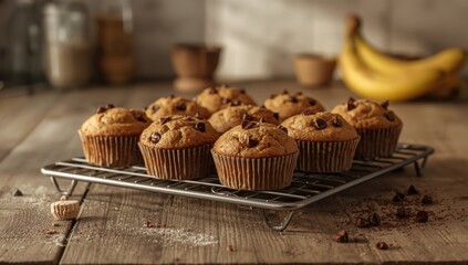 Chocolate chip banana muffins on a cooling rack, highlighting kitchen hygiene during baking
