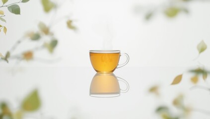 Clear glass cup containing tea against a plain white backdrop, focused on beverage presentation