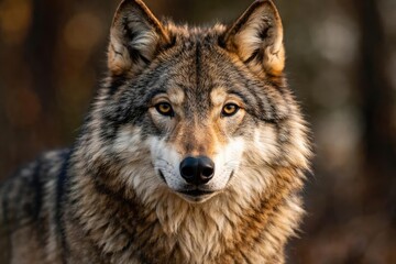 Fototapeta premium Majestic European grey wolf displaying keen animal alertness with detailed head portrait