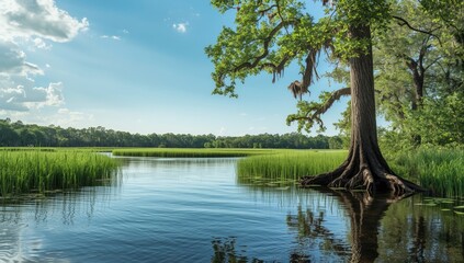 Swamp landscape featuring water, sky, and trees near Charleston South Carolina, ideal for nature-themed UI backgrounds