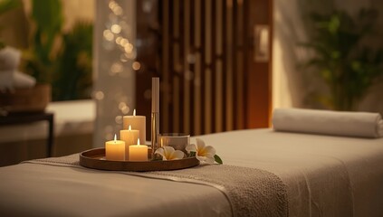Fototapeta premium Spa setup with cosmetics and candles on massage table, designed for stress relief