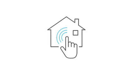 A house icon with a hand clicking on a smart home interface isolated on transparent background