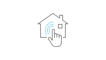 A house icon with a hand clicking on a smart home interface isolated on transparent background
