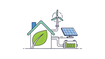 Eco friendly home with solar panel and wind turbine isolated on transparent background