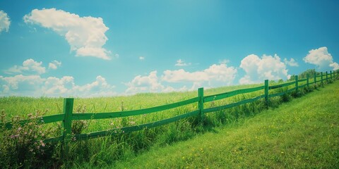 Fototapeta premium Blue sky and green fence in an outdoor setting suitable for editorial header backgrounds, Earth Day