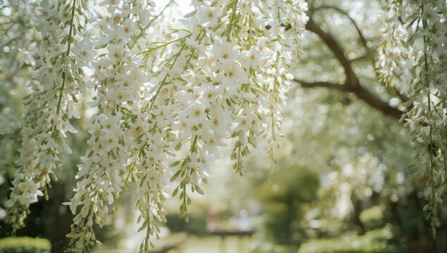 Japanese pagoda tree with drooping flowers, ornamental landscape feature, Earth Day
