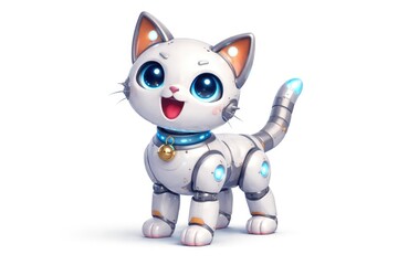 Joyful robotic pet cat displayed on a white full length portrait with copyspace