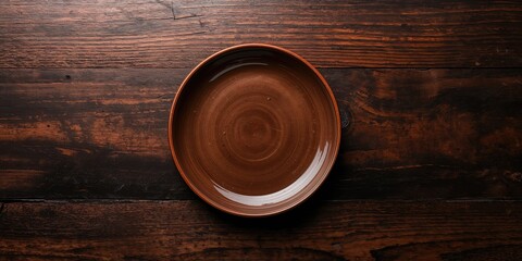 Dark wooden table with a plain brown plate serving as a neutral backdrop for food styling or photography