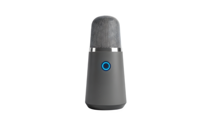 A sleek gray microphone isolated on transparent background with blue light indicator