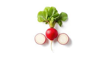 Close-up of a fresh radish with leaves and two halves, highlighting its crispness for food safety analysis