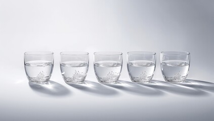 Set of six vodka glasses filled to different levels, arranged for beverage serving, alcohol presentation, responsible drinking
