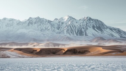 Snowy mountain and desert terrain with rare geological formations, highlighting seasonal landscape transformation