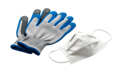 Protective work gloves and disposable medical face mask for safety and hygiene isolated on transparent background