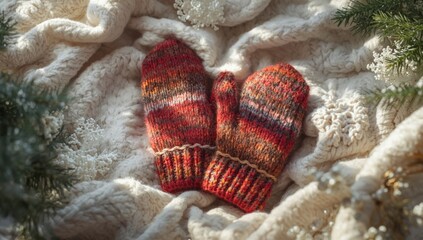 Brightly patterned wool mittens worn during cold weather, suitable for winter accessories