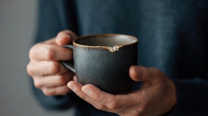 Pair of hands holding a black ceramic mug. the mug appears to be old and weathered, with a rough texture on the surface.