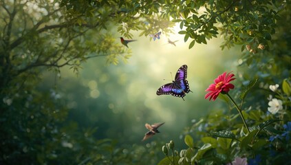 Colorful butterfly and flowering plant in dense jungle environment, highlighting tropical insect interactions