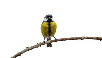 Great tit sitting on a branch against a white backdrop, suitable for bird identification guides