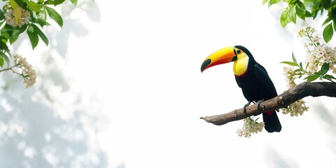 Perched toucan on a tree branch against a white backdrop, suitable for wildlife preservation themes