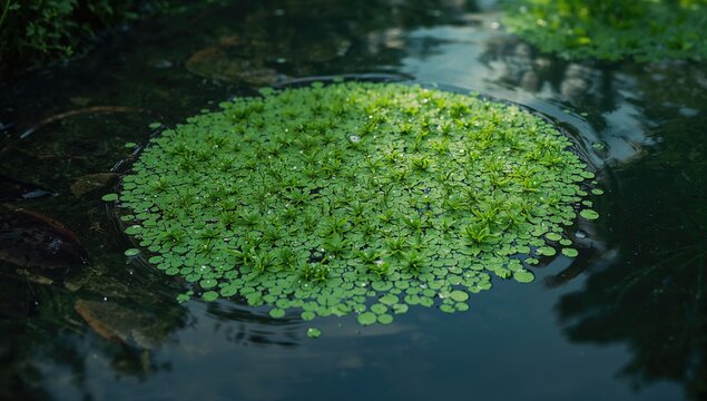 Duckweed floating on water in natural setting, suitable for background or layout design