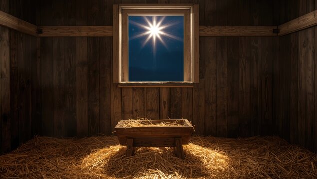 Old barn interior with an empty manger and a window displaying the Christmas star, suitable for holiday-themed backgrounds