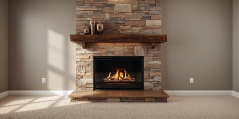 Stone and wooden mantel fireplace fueled by natural gas in living room, focusing on energy efficiency