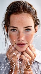 A woman with freckles on her face is washing her face with water
