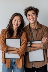 A man and a woman standing next to each other holding a picture frame