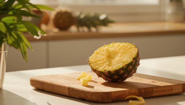 Fresh pineapple on a kitchen cutting surface, highlighting fruit slicing activity - Powered by Adobe