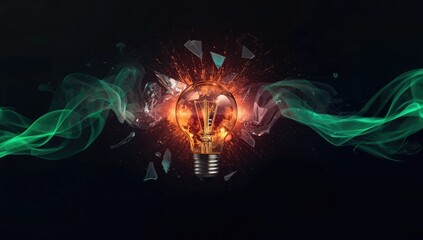 Burning light bulb with fiery explosion and green smoke, highlighting electrical malfunction risks