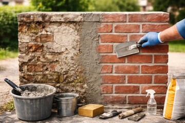 Fototapeta premium Restoration process on vintage brick wall panel against a blurred exterior background