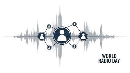 World radio day illustration with sound waves and connected people icons on white background