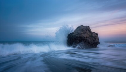 Obraz premium Twilight sea with a breaking wave hitting rocks, highlighting coastal erosion concerns, in a natural beach setting