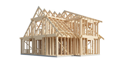 Wooden frame house construction model isolated on transparent background