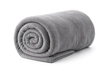 Cozy grey fleece throw blanket rolled up on bright white background