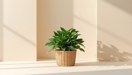 Green leafy plants in a wicker container serving as a text layout background, ideal for UI design