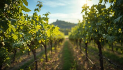 Obraz premium Fresh vine foliage emerging on climbing plants, scenic hillside backdrop for cultivation