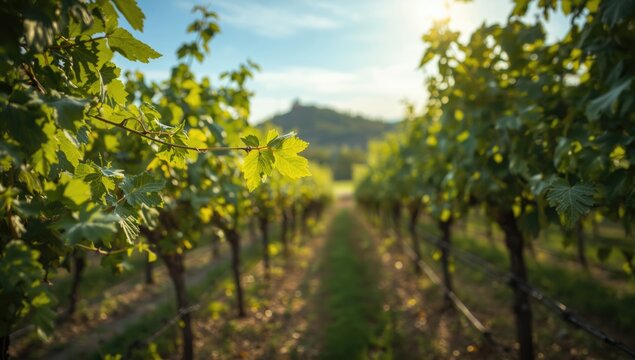 Fresh vine foliage emerging on climbing plants, scenic hillside backdrop for cultivation